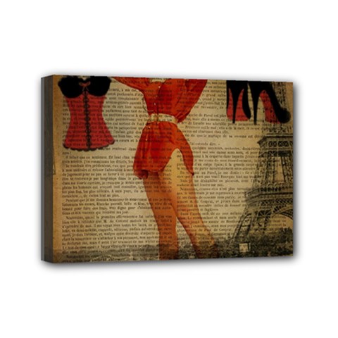 Vintage Newspaper Print Sexy Hot Gil Elvgren Pin Up Girl Paris Eiffel Tower Western Country Naughty  Mini Canvas 7  X 5  (framed) by chicelegantboutique