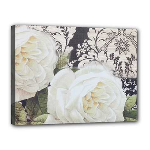 Elegant White Rose Vintage Damask Canvas 16  X 12  (framed) by chicelegantboutique