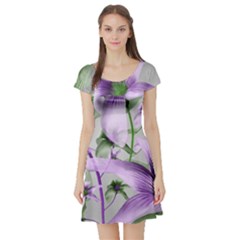 Lilies Collage Art In Green And Violet Colors Short Sleeved Skater Dress by dflcprintsclothing