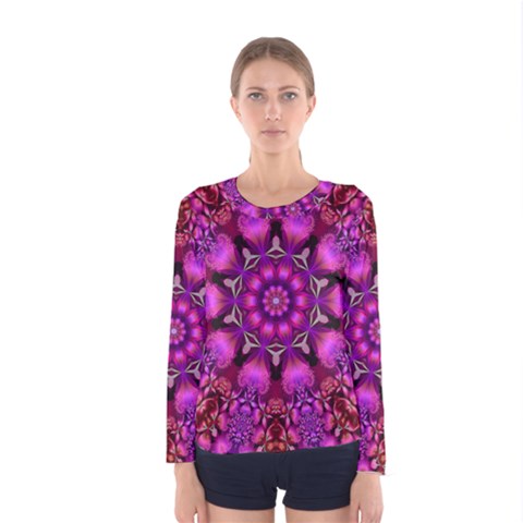 Pink Fractal Kaleidoscope  Women s Long Sleeve T-shirt by KirstenStar