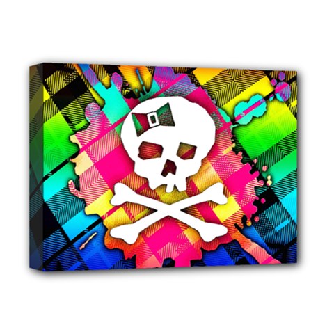 Rainbow Plaid Skull Deluxe Canvas 16  X 12  (framed)  by ArtistRoseanneJones