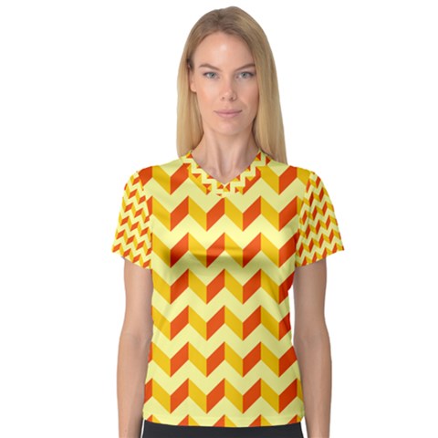 Modern Retro Chevron Patchwork Pattern  Women s V-neck Sport Mesh Tee by GardenOfOphir