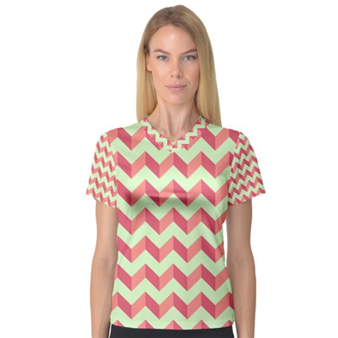 Modern Retro Chevron Patchwork Pattern Women s V-neck Sport Mesh Tee by GardenOfOphir