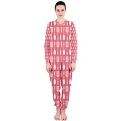 Coral And White Kitchen Utensils Pattern Onepiece Jumpsuit (ladies)  by GardenOfOphir