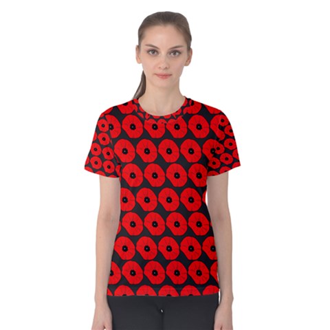 Charcoal And Red Peony Flower Pattern Women s Cotton Tees by GardenOfOphir