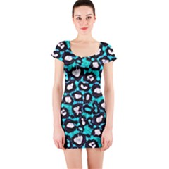 Turquoise Black Cheetah Abstract  Short Sleeve Bodycon Dresses by OCDesignss