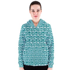 Teal And White Owl Pattern Women s Zipper Hoodies by GardenOfOphir