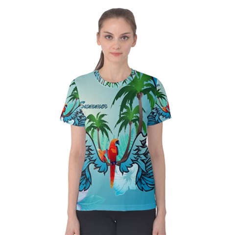 Summer Design With Cute Parrot And Palms Women s Cotton Tees by FantasyWorld7