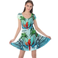 Summer Design With Cute Parrot And Palms Cap Sleeve Dresses