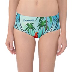 Summer Design With Cute Parrot And Palms Mid-waist Bikini Bottoms