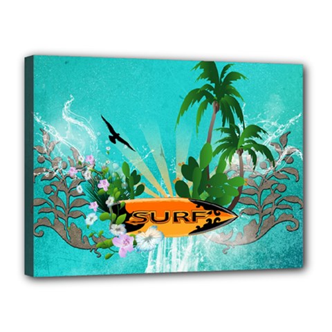 Surfboard With Palm And Flowers Canvas 16  X 12  by FantasyWorld7