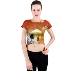 Soccer With Fire And Flame And Floral Elelements Crew Neck Crop Top by FantasyWorld7