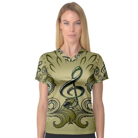 Decorative Clef With Damask In Soft Green Women s V-neck Sport Mesh Tee by FantasyWorld7