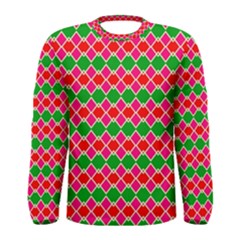 Red Pink Green Rhombus Pattern Men Long Sleeve T-shirt by LalyLauraFLM