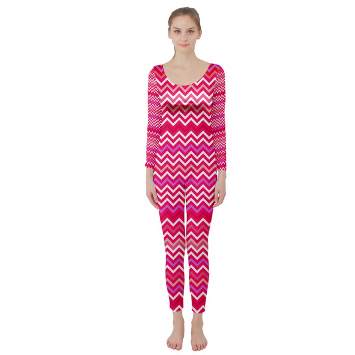 Valentine Pink and Red Wavy Chevron ZigZag Pattern Long Sleeve Catsuit