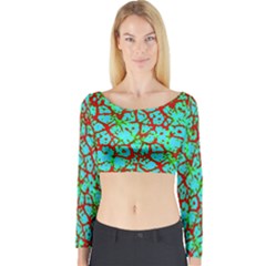 Officially Sexy Turquoise Green & Red Cracked Pattern Long Sleeve Crop Top (tight Fit) by OfficiallySexy