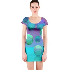 Ocean Dreams, Abstract Aqua Violet Ocean Fantasy Short Sleeve Bodycon Dress by DianeClancy