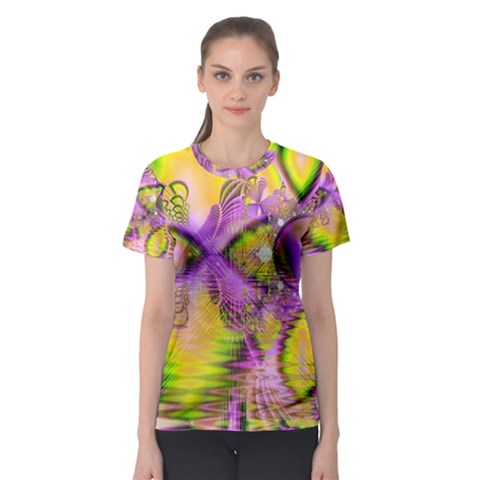 Golden Violet Crystal Heart Of Fire, Abstract Women s Sport Mesh Tee by DianeClancy