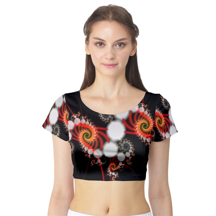 Mysterious Dance In Orange, Gold, White In Joy Short Sleeve Crop Top (Tight Fit)