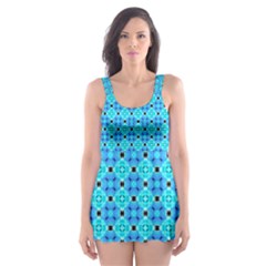 Vibrant Modern Abstract Lattice Aqua Blue Quilt Skater Dress Swimsuit by DianeClancy