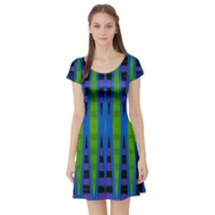 Blue Green Geometric Short Sleeve Skater Dress