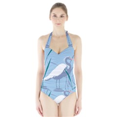 Egret Women s Halter One Piece Swimsuit by WaltCurleeArt