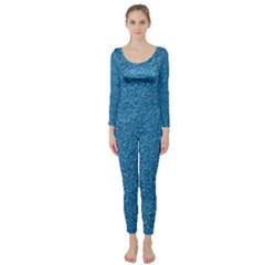 Festive Blue Glitter Texture Long Sleeve Catsuit