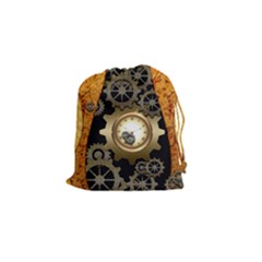 Steampunk Golden Design With Clocks And Gears Drawstring Pouches (small)  by FantasyWorld7