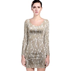 Brown Ombre Feather Pattern, White, Long Sleeve Bodycon Dress by Zandiepants