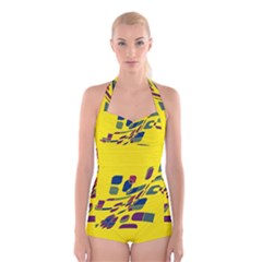 Yellow Abstraction Boyleg Halter Swimsuit  by Valentinaart