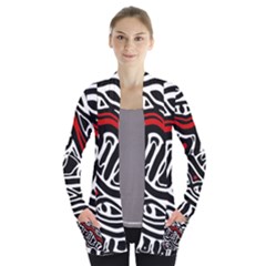 Red, Black And White Abstract Art Women s Open Front Pockets Cardigan(p194) by Valentinaart