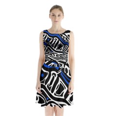 Deep Blue, Black And White Abstract Art Sleeveless Waist Tie Dress by Valentinaart