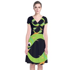 Green Fishes Short Sleeve Front Wrap Dress