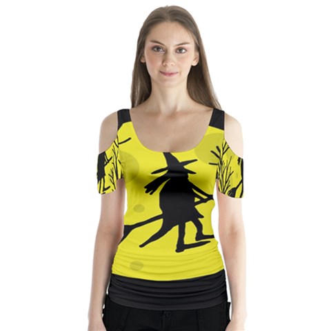 Halloween Witch - Yellow Moon Butterfly Sleeve Cutout Tee  by Valentinaart