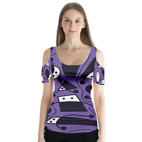 Playful Abstract Art - Purple Butterfly Sleeve Cutout Tee  by Valentinaart