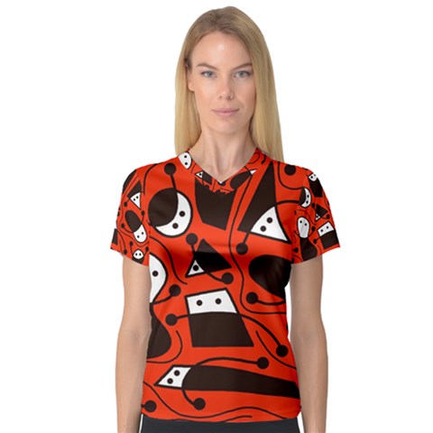 Playful Abstract Art - Red Women s V-neck Sport Mesh Tee by Valentinaart