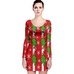 Christmas Tree Pattern - Red Long Sleeve Velvet Bodycon Dress by Valentinaart