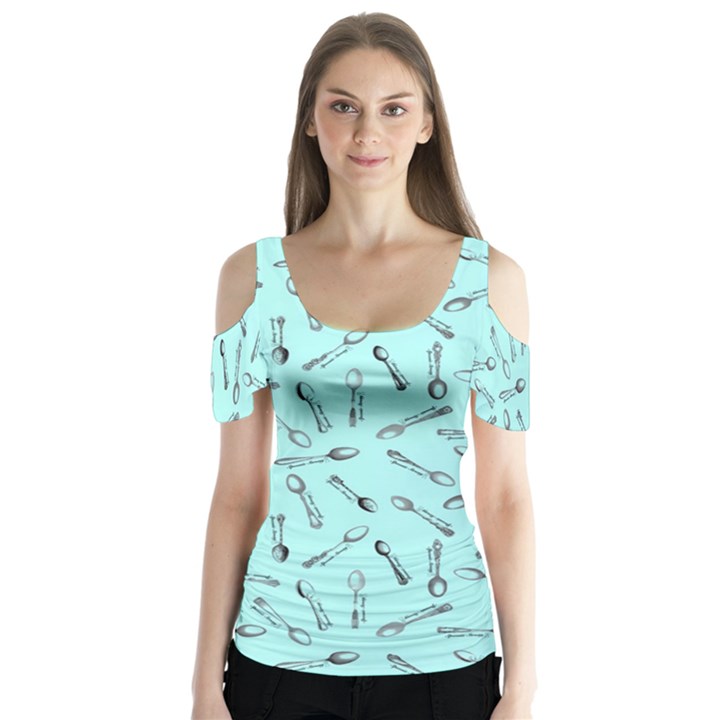 Spoonie Strong Print in Light Turquiose Butterfly Sleeve Cutout Tee 