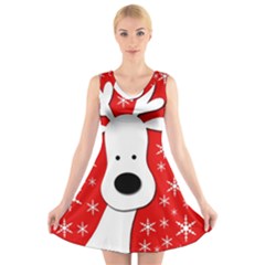 Christmas Reindeer - Red V-neck Sleeveless Skater Dress by Valentinaart