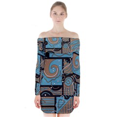Blue And Brown Abstraction Long Sleeve Off Shoulder Dress by Valentinaart