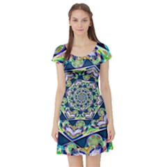 Power Spiral Polygon Blue Green White Short Sleeve Skater Dress by EDDArt