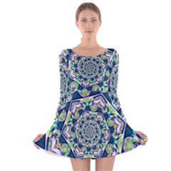 Power Spiral Polygon Blue Green White Long Sleeve Velvet Skater Dress by EDDArt