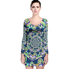 Power Spiral Polygon Blue Green White Long Sleeve Velvet Bodycon Dress by EDDArt