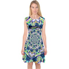 Power Spiral Polygon Blue Green White Capsleeve Midi Dress by EDDArt