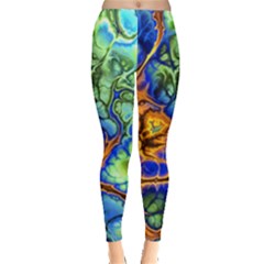 Abstract Fractal Batik Art Green Blue Brown Leggings 