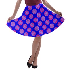Bright Mod Pink Circles On Blue A-line Skater Skirt by BrightVibesDesign