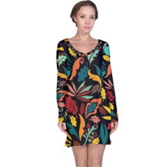 Colorful Leaves Design On Black Background  Long Sleeve Nightdress by GabriellaDavid