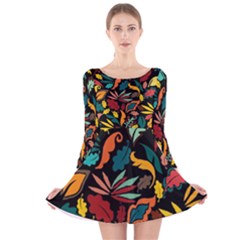 Colorful Leaves Design On Black Background  Long Sleeve Velvet Skater Dress by GabriellaDavid