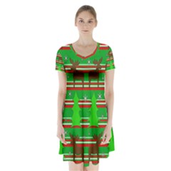 Christmas Trees And Reindeer Pattern Short Sleeve V-neck Flare Dress by Valentinaart
