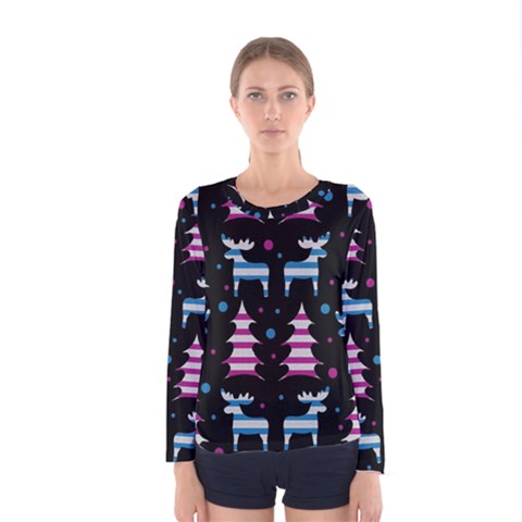 Blue And Pink Reindeer Pattern Women s Long Sleeve Tee by Valentinaart